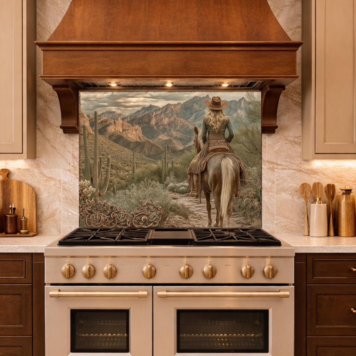 Western Cowgirl & Mountain Vista Tempered Glass Backsplash, Copper Relief Look Wall Panel, Stove Guard