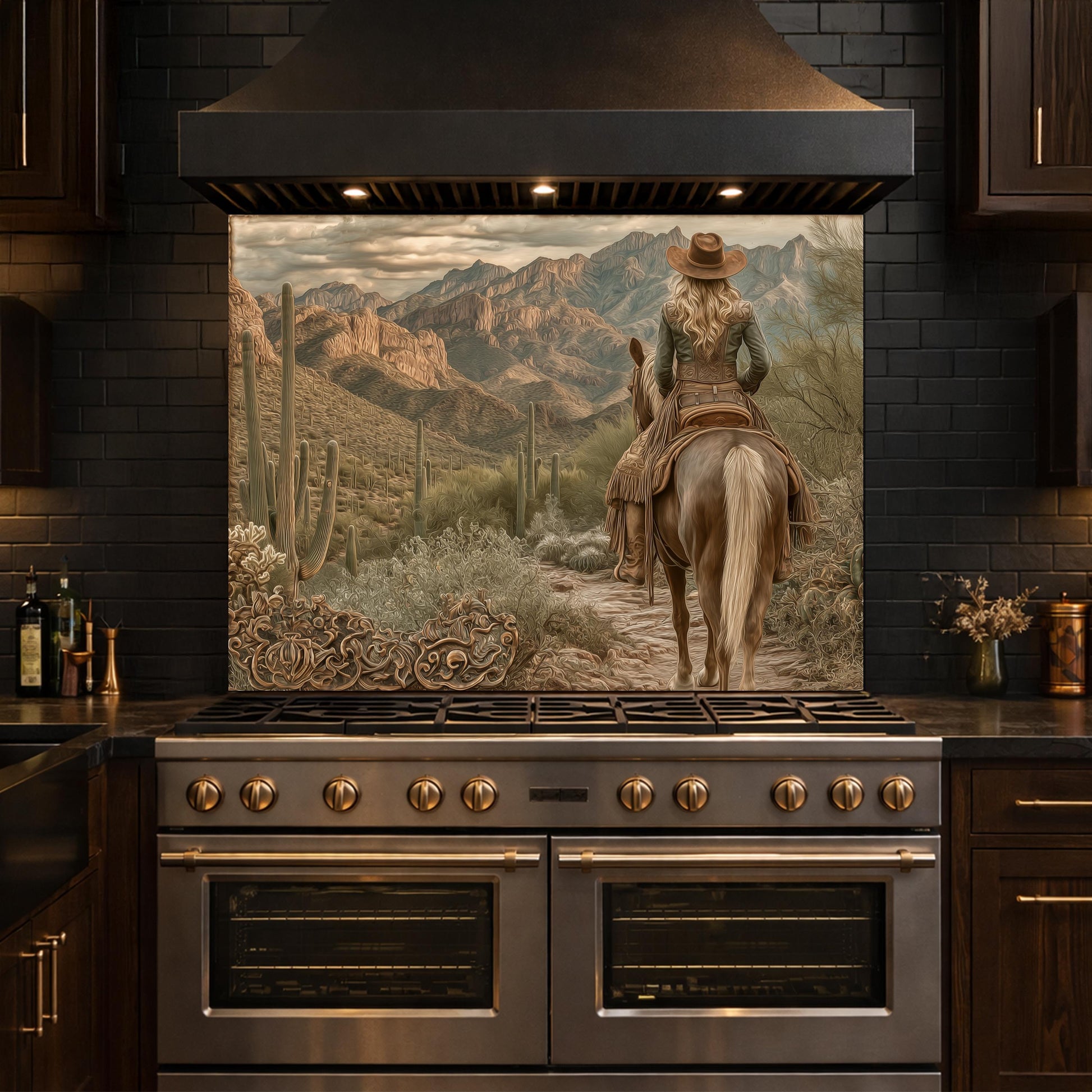Western Cowgirl & Mountain Vista Tempered Glass Backsplash, Copper Relief Look Wall Panel, Stove Guard