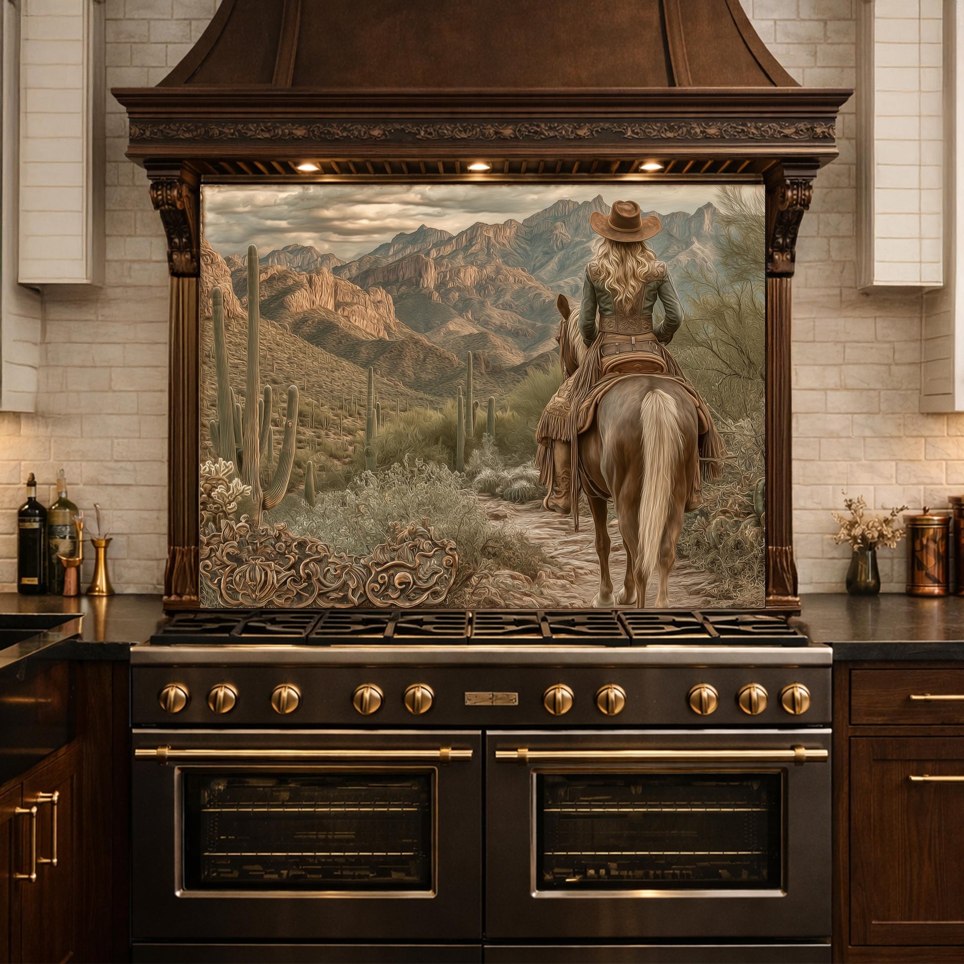 Western Cowgirl & Mountain Vista Tempered Glass Backsplash, Copper Relief Look Wall Panel, Stove Guard
