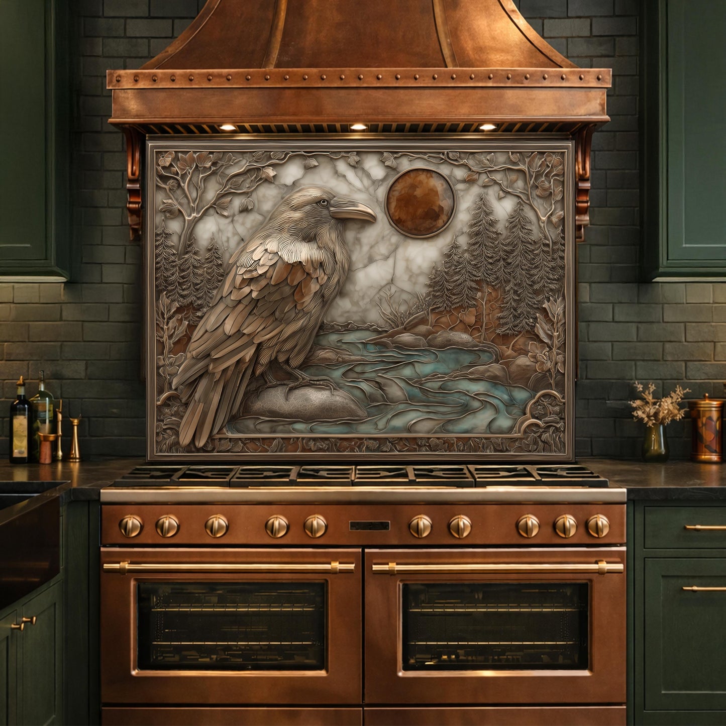 Mythical Raven & Forest River Tempered Glass Backsplash, Copper Relief Look Wall Panel, Stove Guard