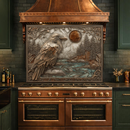 Mythical Raven & Forest River Tempered Glass Backsplash, Copper Relief Look Wall Panel, Stove Guard