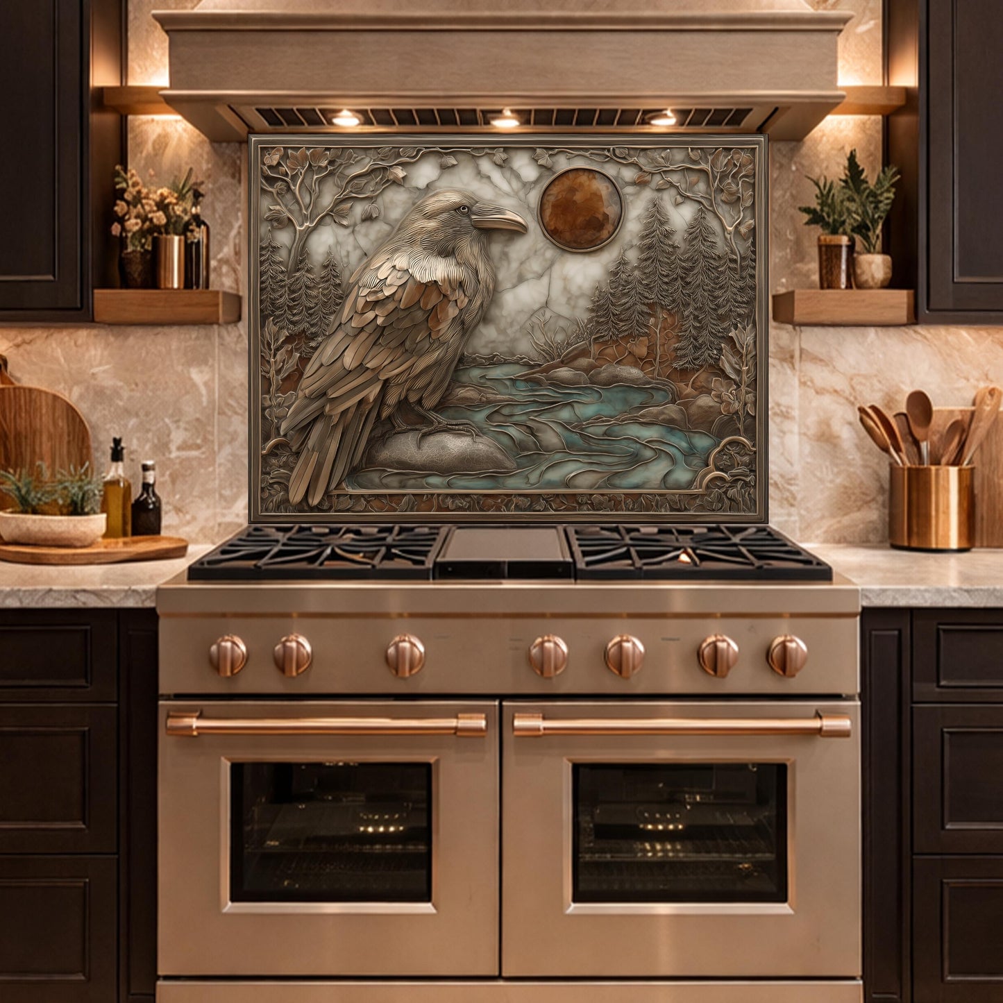 Mythical Raven & Forest River Tempered Glass Backsplash, Copper Relief Look Wall Panel, Stove Guard