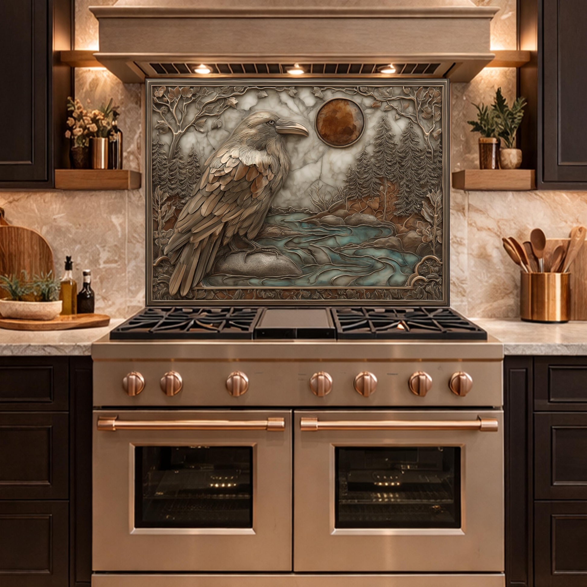 Mythical Raven & Forest River Tempered Glass Backsplash, Copper Relief Look Wall Panel, Stove Guard