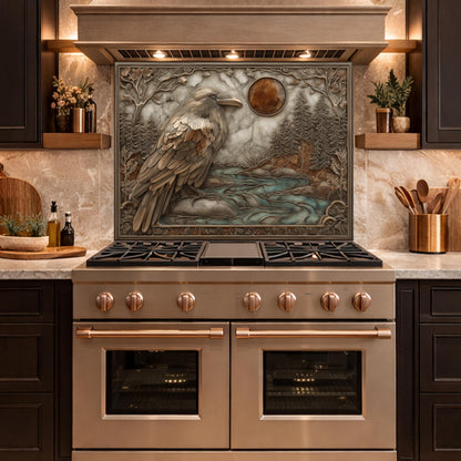 Mythical Raven & Forest River Tempered Glass Backsplash, Copper Relief Look Wall Panel, Stove Guard