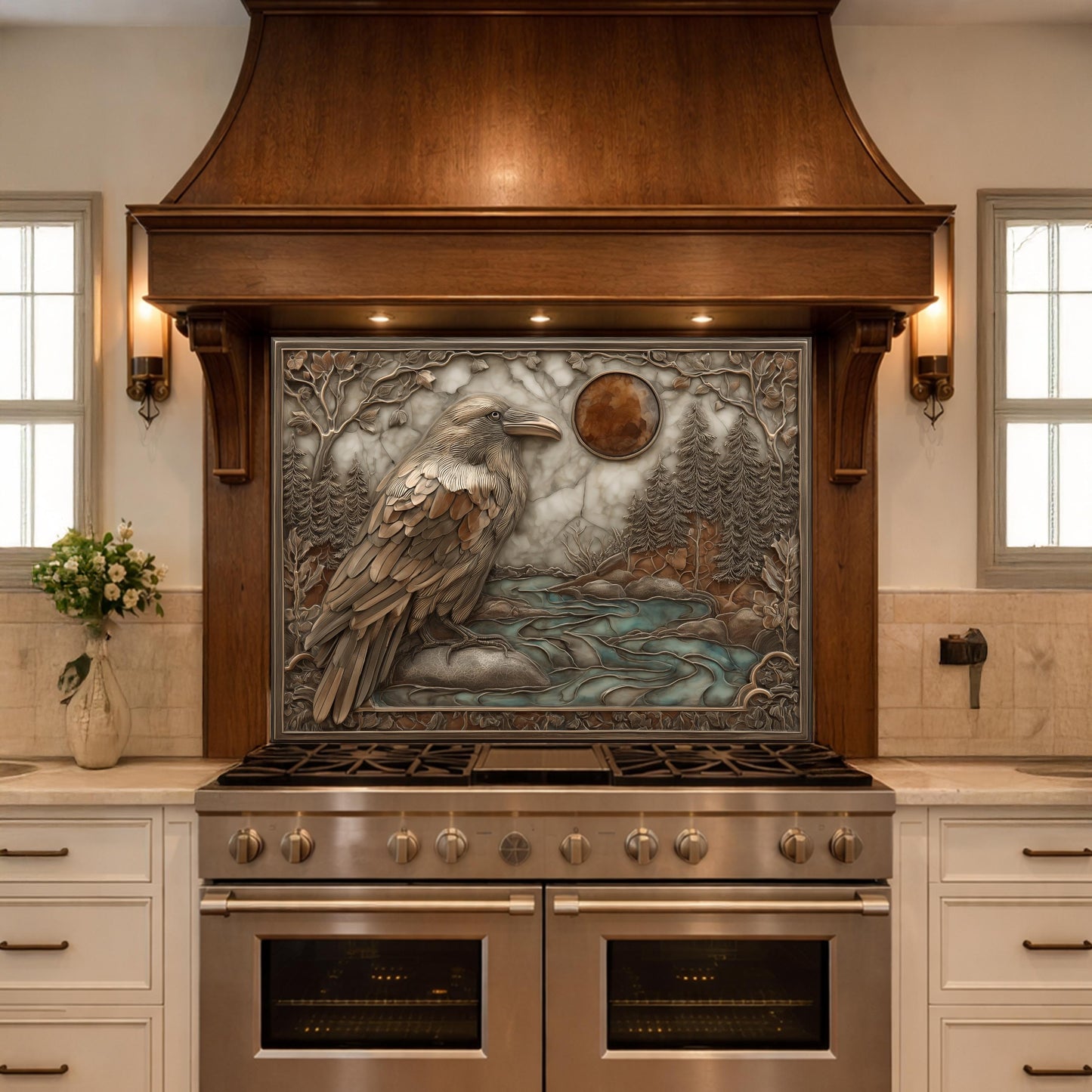 Mythical Raven & Forest River Tempered Glass Backsplash, Copper Relief Look Wall Panel, Stove Guard