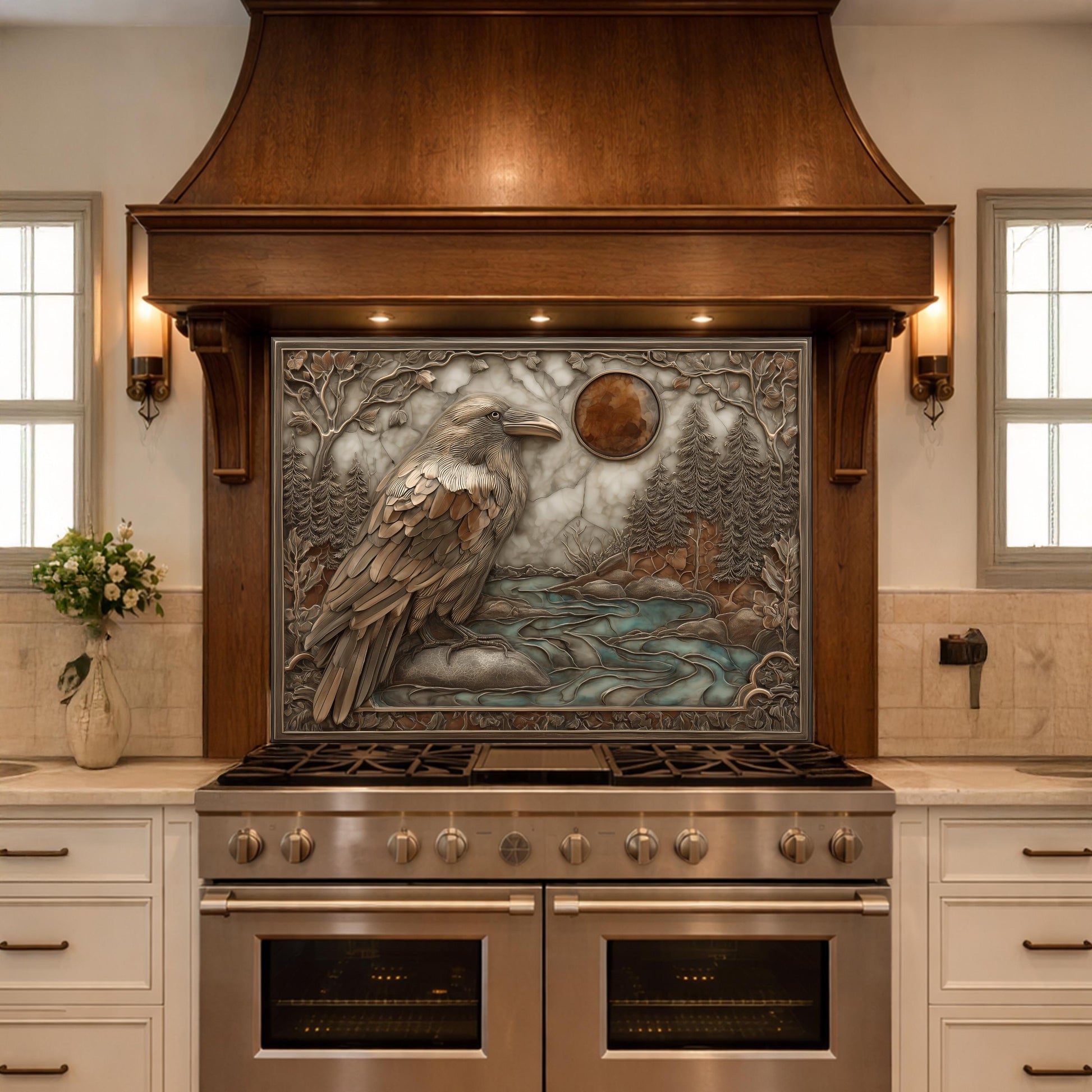 Mythical Raven & Forest River Tempered Glass Backsplash, Copper Relief Look Wall Panel, Stove Guard