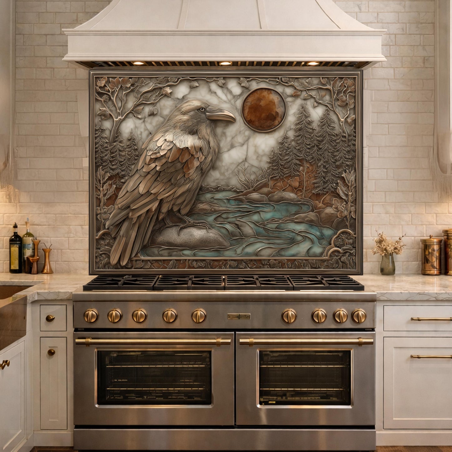 Mythical Raven & Forest River Tempered Glass Backsplash, Copper Relief Look Wall Panel, Stove Guard