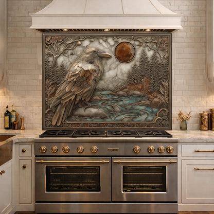 Mythical Raven & Forest River Tempered Glass Backsplash, Copper Relief Look Wall Panel, Stove Guard