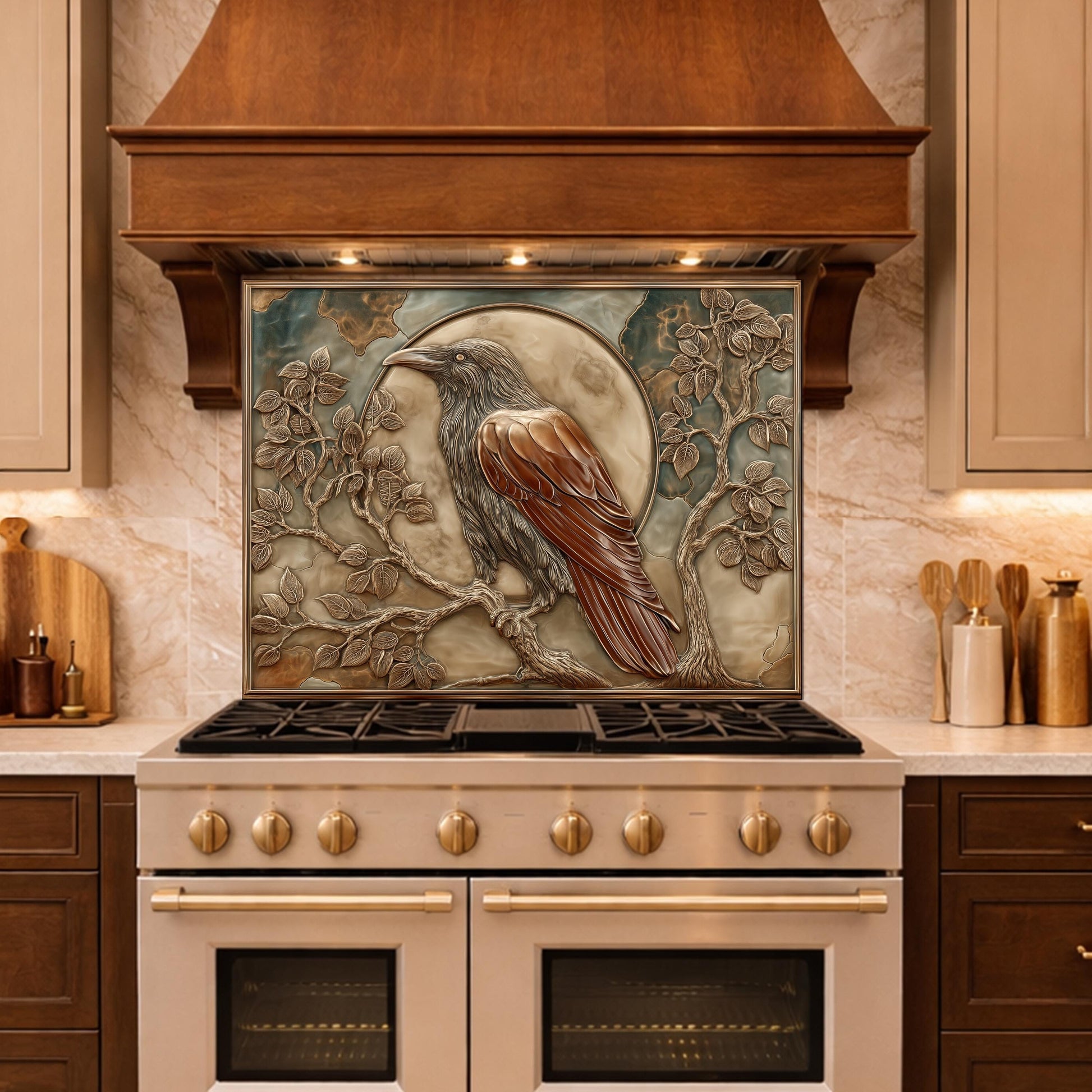 Mythical Raven & Full Moon Tempered Glass Backsplash, Copper Relief Look Wall Panel, Stove Guard