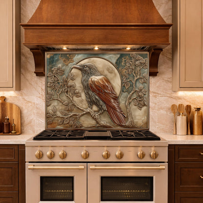 Mythical Raven & Full Moon Tempered Glass Backsplash, Copper Relief Look Wall Panel, Stove Guard