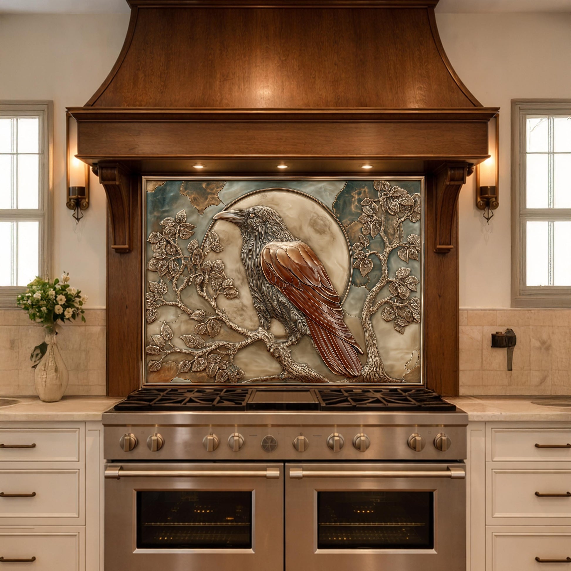 Mythical Raven & Full Moon Tempered Glass Backsplash, Copper Relief Look Wall Panel, Stove Guard