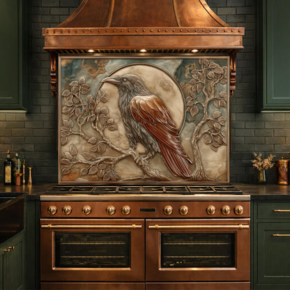 Mythical Raven & Full Moon Tempered Glass Backsplash, Copper Relief Look Wall Panel, Stove Guard