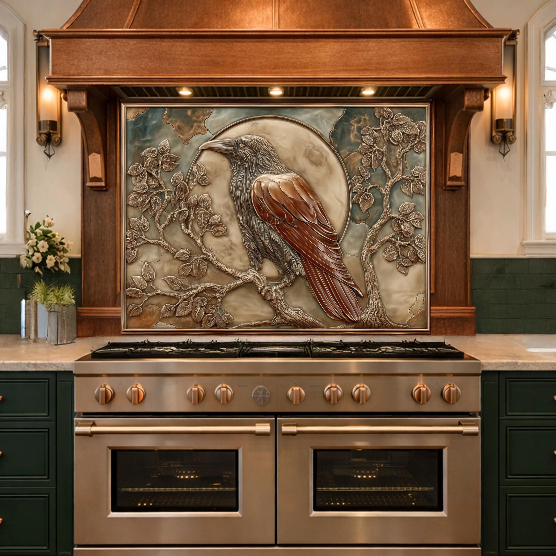 Mythical Raven & Full Moon Tempered Glass Backsplash, Copper Relief Look Wall Panel, Stove Guard