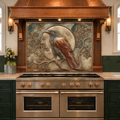 Mythical Raven & Full Moon Tempered Glass Backsplash, Copper Relief Look Wall Panel, Stove Guard