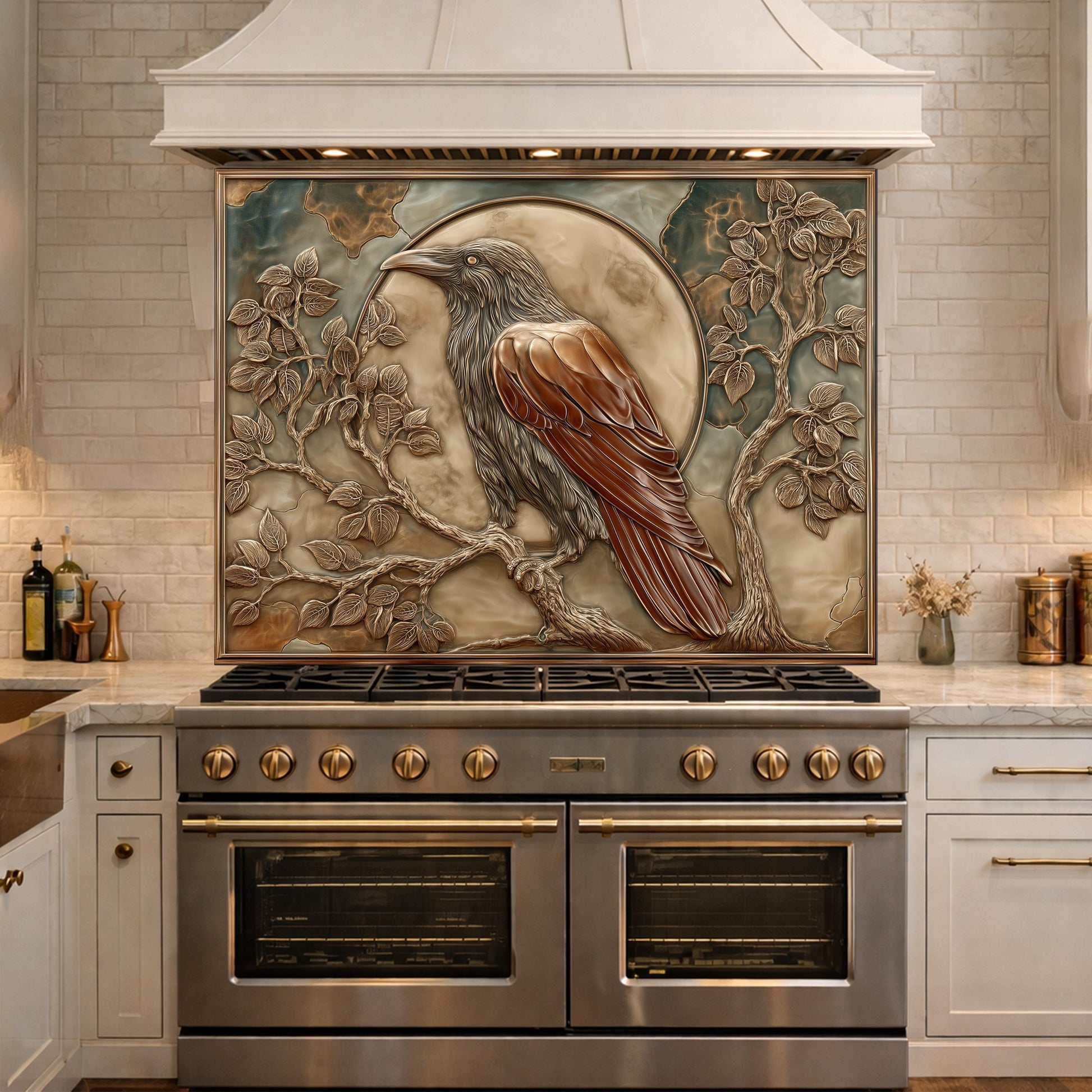Mythical Raven & Full Moon Tempered Glass Backsplash, Copper Relief Look Wall Panel, Stove Guard