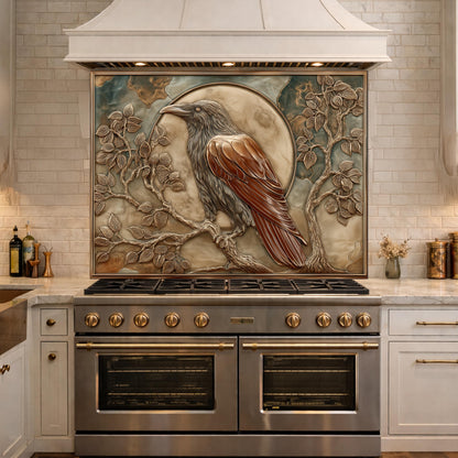 Mythical Raven & Full Moon Tempered Glass Backsplash, Copper Relief Look Wall Panel, Stove Guard