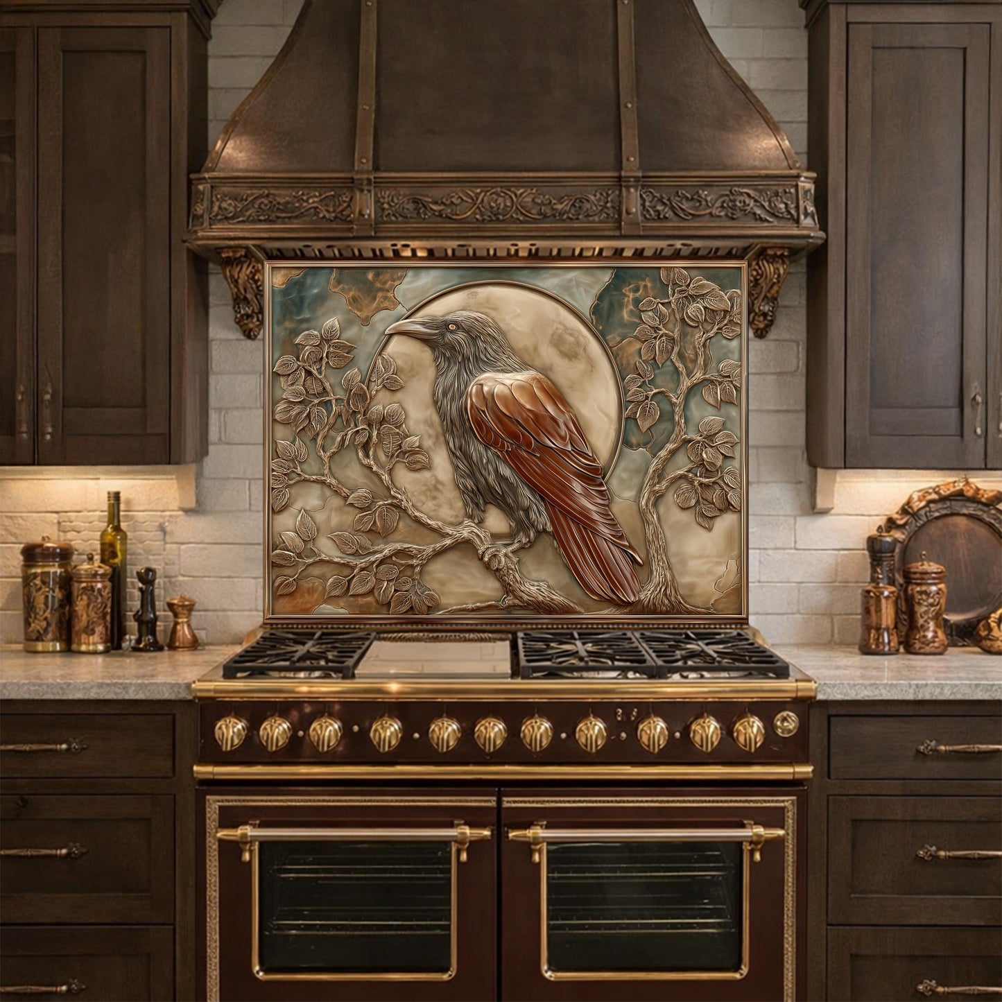Mythical Raven & Full Moon Tempered Glass Backsplash, Copper Relief Look Wall Panel, Stove Guard