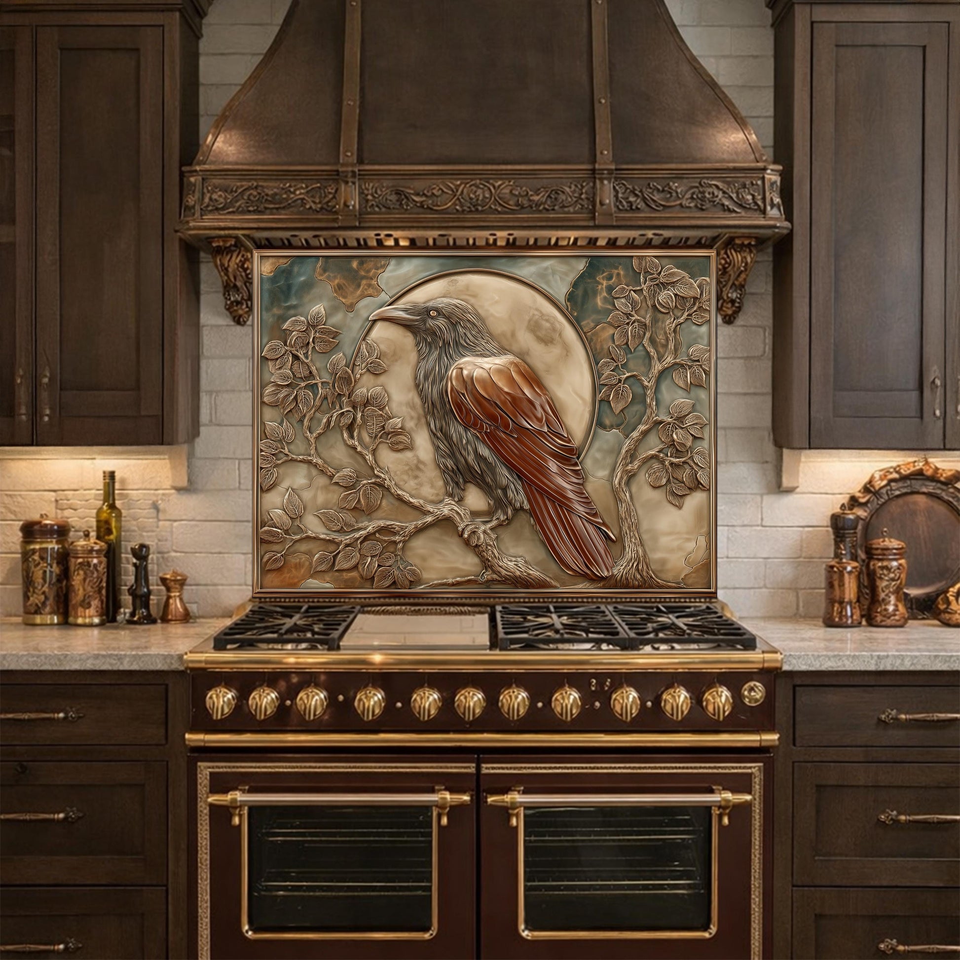 Mythical Raven & Full Moon Tempered Glass Backsplash, Copper Relief Look Wall Panel, Stove Guard