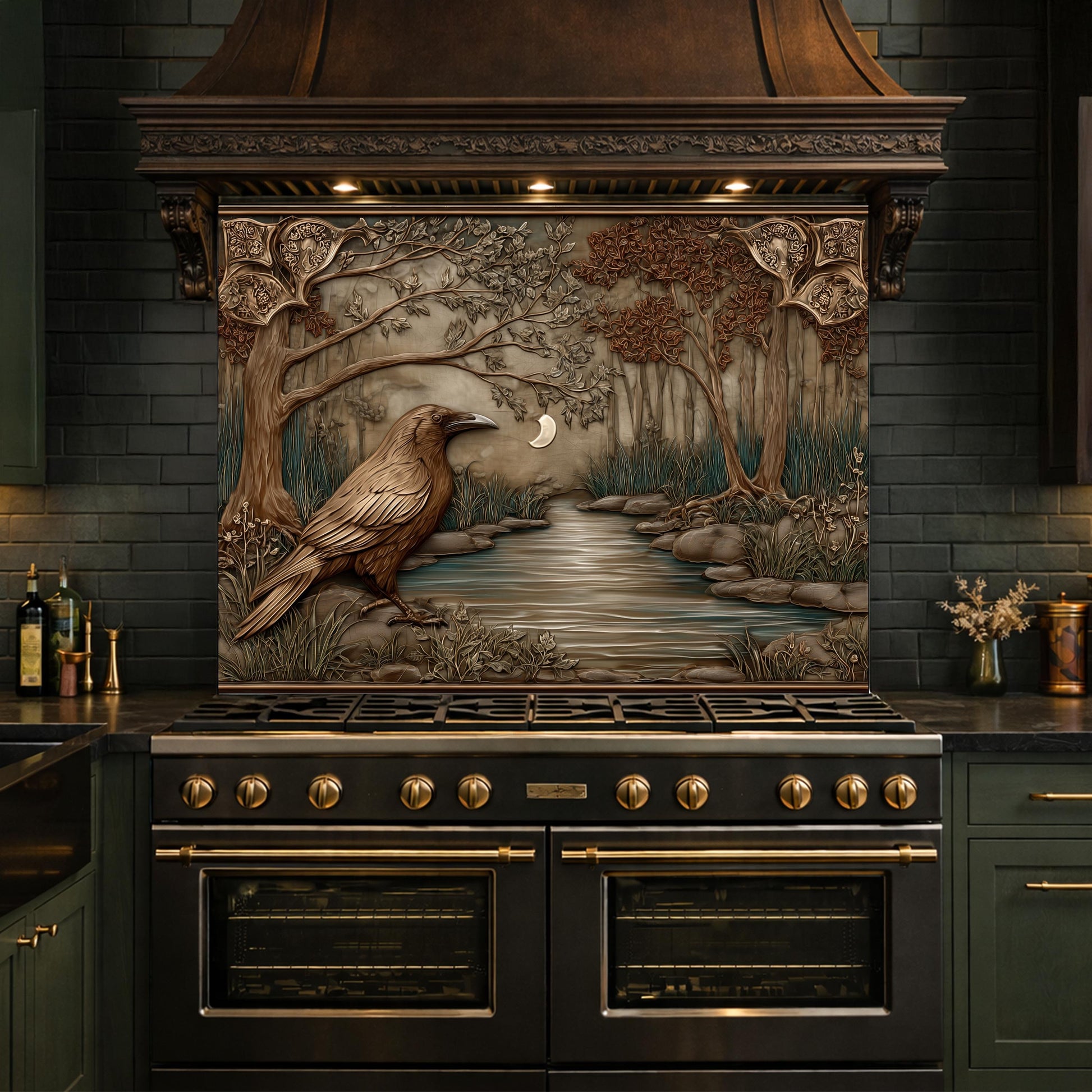 Tempered Glass Backsplash, Mythical Raven Forest Scene, Copper Relief Look Wall Panel