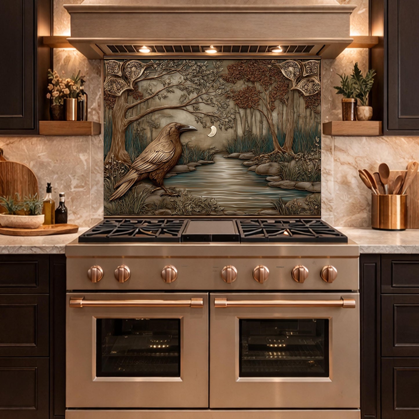 Tempered Glass Backsplash, Mythical Raven Forest Scene, Copper Relief Look Wall Panel