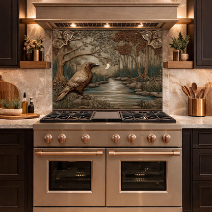 Tempered Glass Backsplash, Mythical Raven Forest Scene, Copper Relief Look Wall Panel