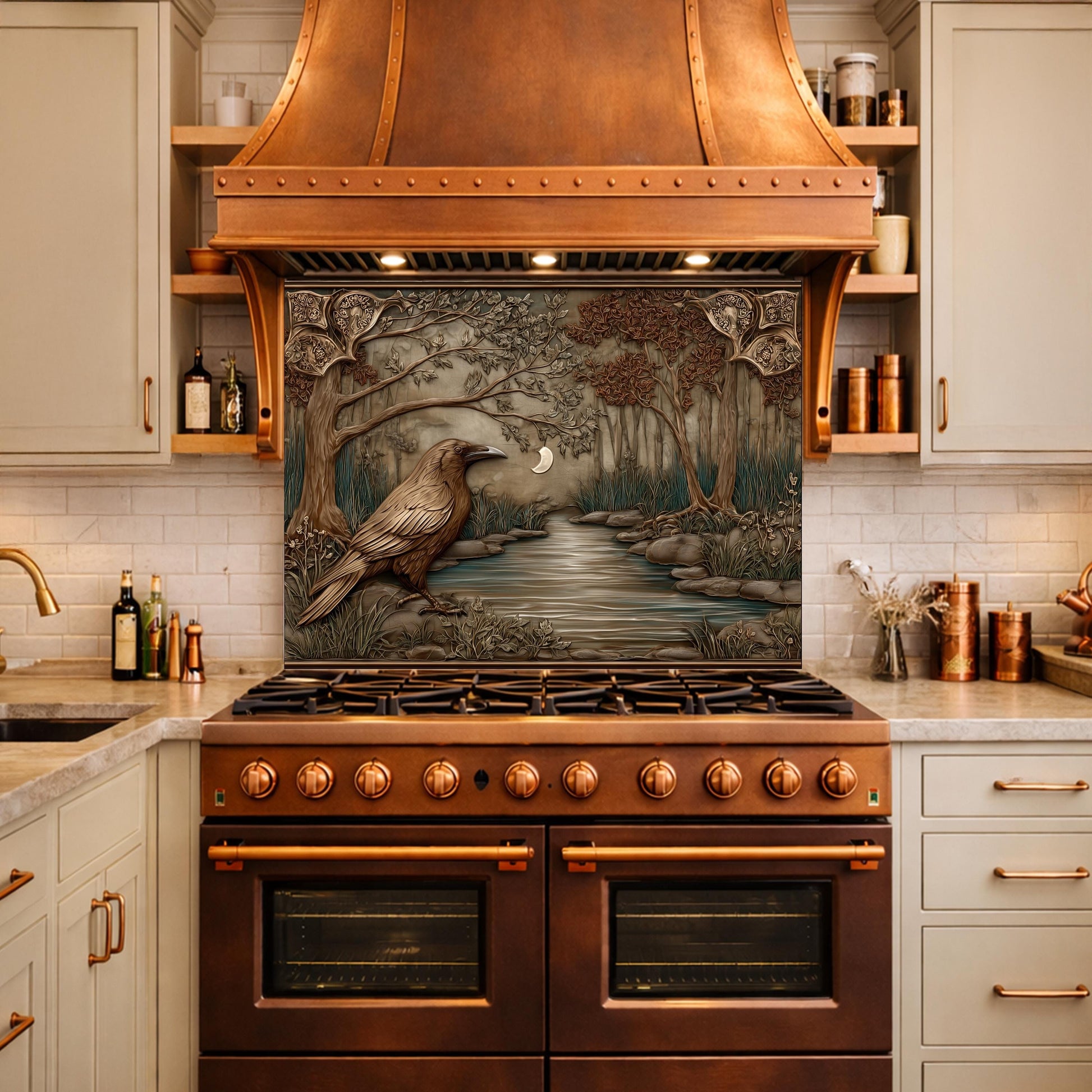 Tempered Glass Backsplash, Mythical Raven Forest Scene, Copper Relief Look Wall Panel