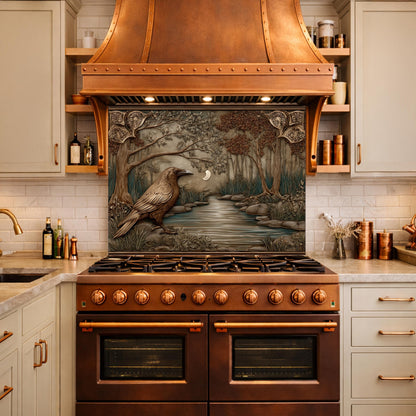 Tempered Glass Backsplash, Mythical Raven Forest Scene, Copper Relief Look Wall Panel