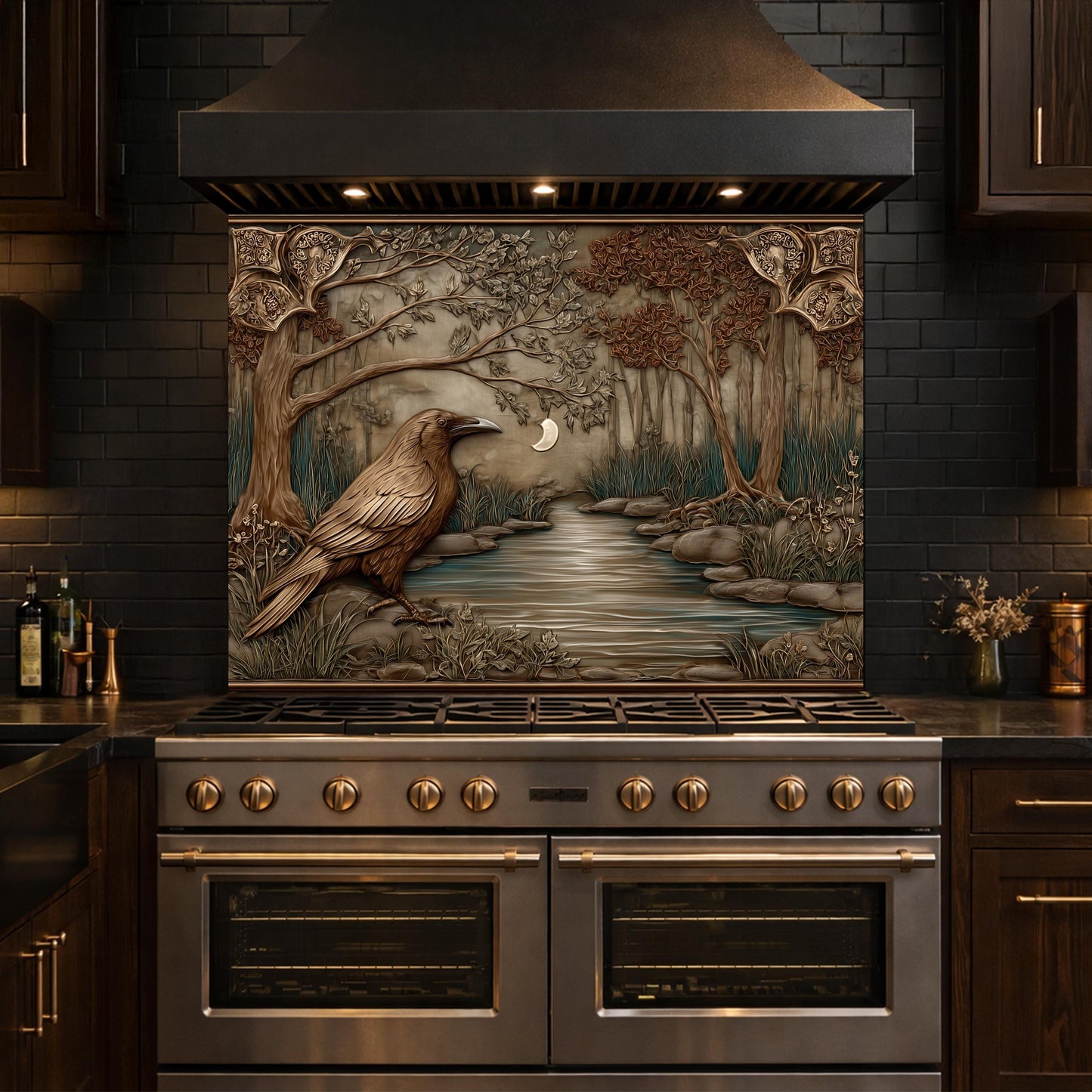 Tempered Glass Backsplash, Mythical Raven Forest Scene, Copper Relief Look Wall Panel