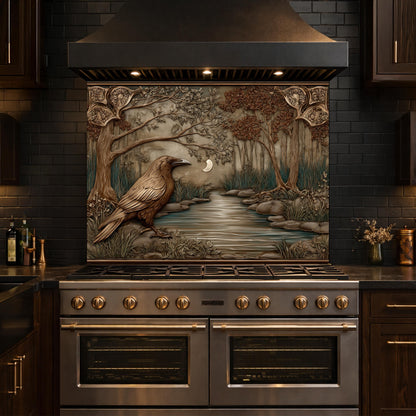 Tempered Glass Backsplash, Mythical Raven Forest Scene, Copper Relief Look Wall Panel