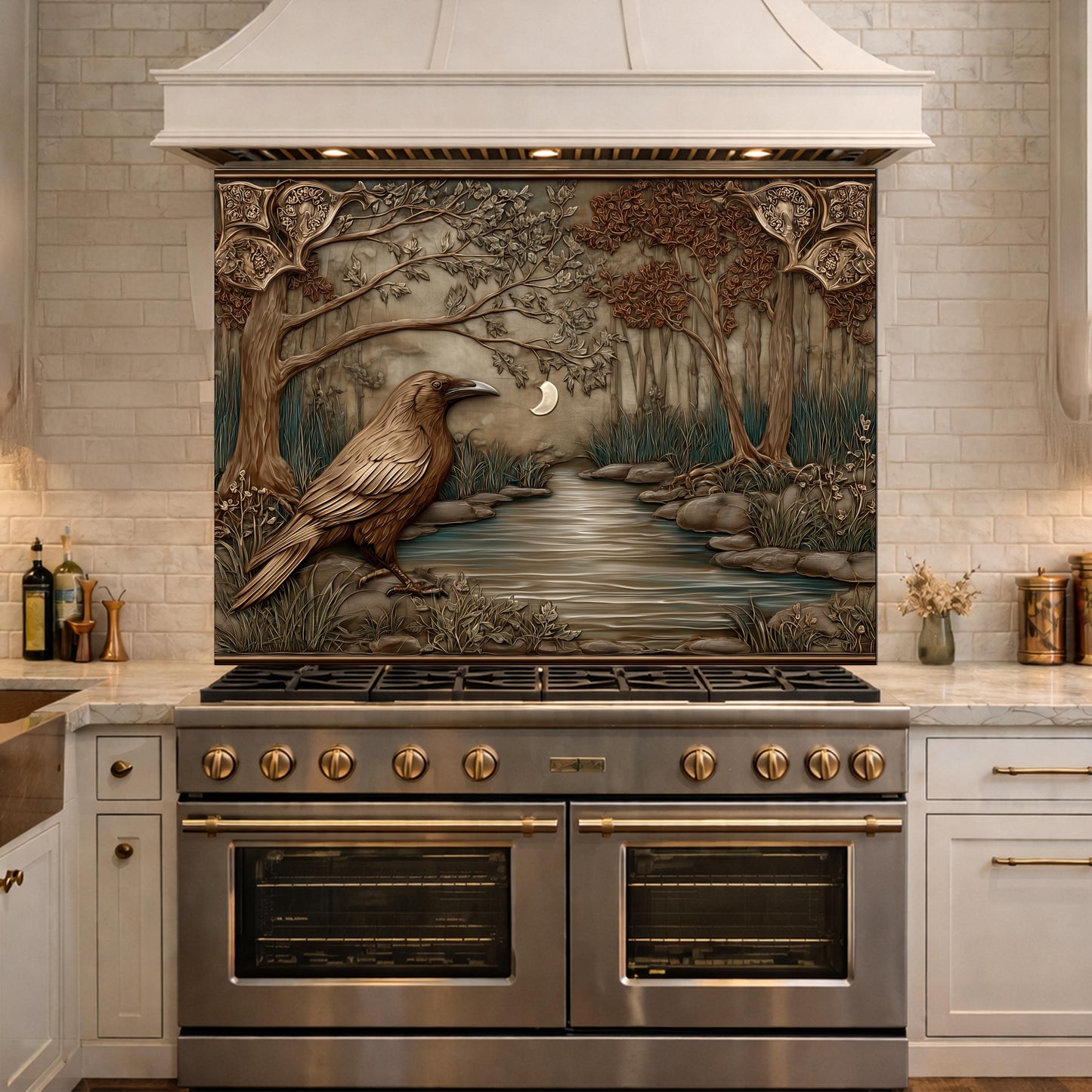 Tempered Glass Backsplash, Mythical Raven Forest Scene, Copper Relief Look Wall Panel
