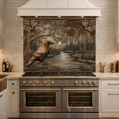 Tempered Glass Backsplash, Mythical Raven Forest Scene, Copper Relief Look Wall Panel