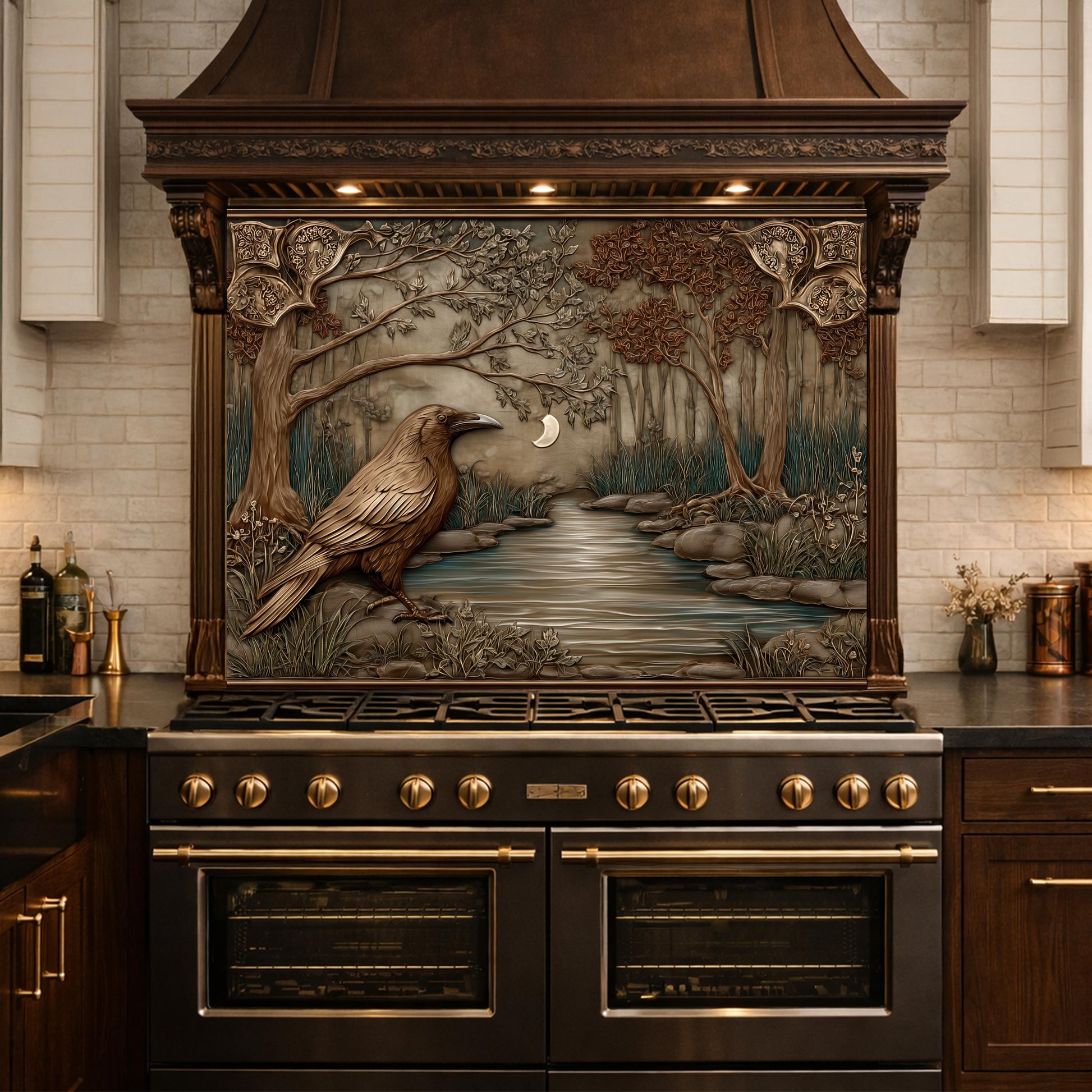 Tempered Glass Backsplash, Mythical Raven Forest Scene, Copper Relief Look Wall Panel