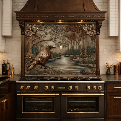 Tempered Glass Backsplash, Mythical Raven Forest Scene, Copper Relief Look Wall Panel