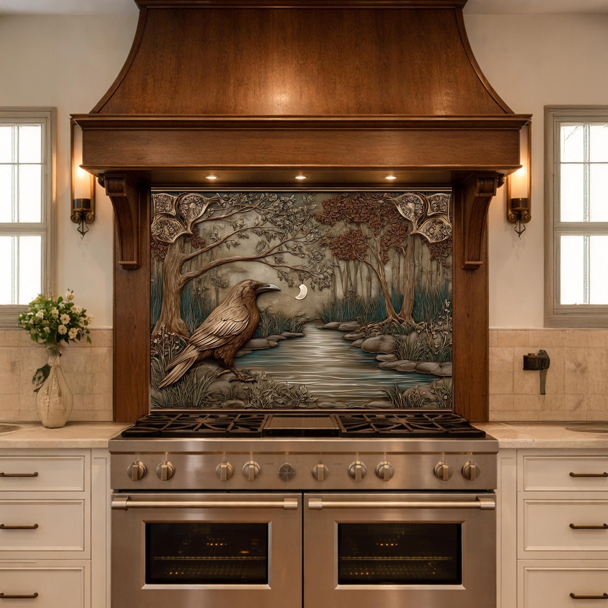 Tempered Glass Backsplash, Mythical Raven Forest Scene, Copper Relief Look Wall Panel