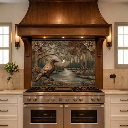 Tempered Glass Backsplash, Mythical Raven Forest Scene, Copper Relief Look Wall Panel