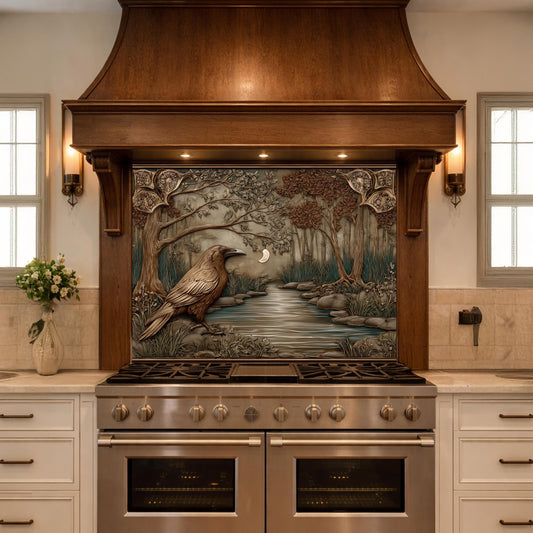 Tempered Glass Backsplash, Mythical Raven Forest Scene, Copper Relief Look Wall Panel