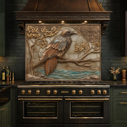 Mythical Raven Tempered Glass Backsplash, Copper Relief Look Wall Panel, Stove Guard