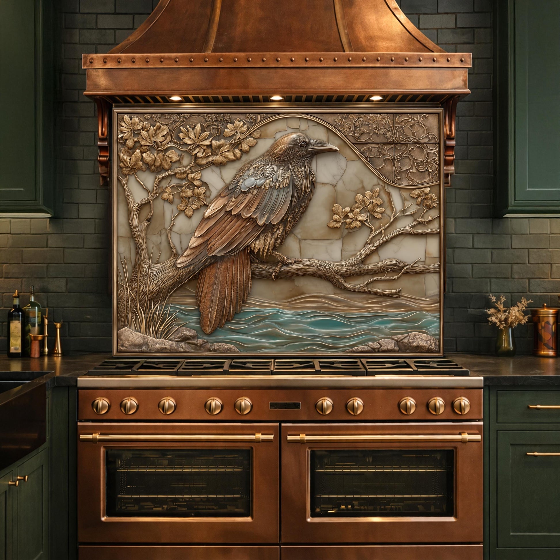 Mythical Raven Tempered Glass Backsplash, Copper Relief Look Wall Panel, Stove Guard