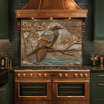 Mythical Raven Tempered Glass Backsplash, Copper Relief Look Wall Panel, Stove Guard