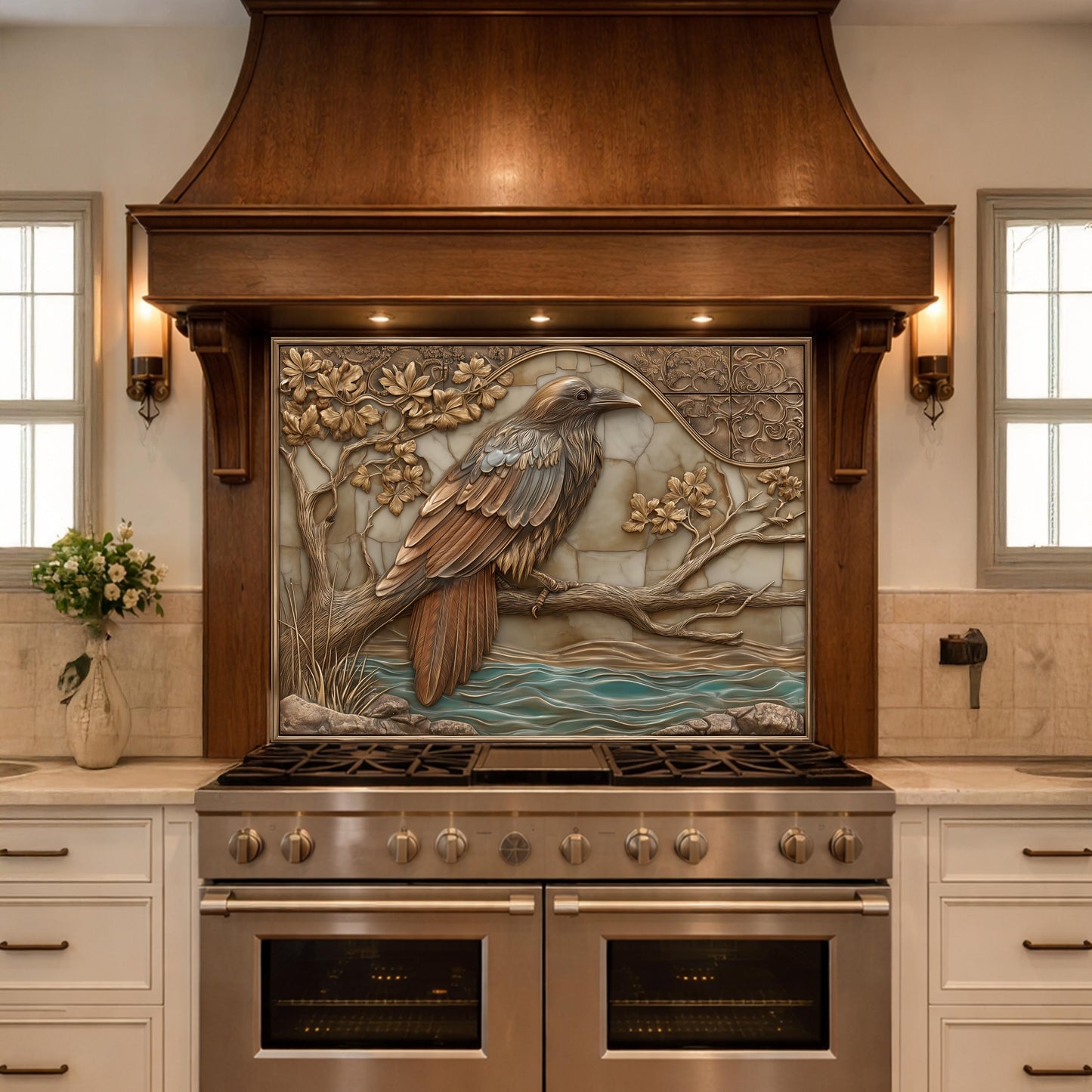 Mythical Raven Tempered Glass Backsplash, Copper Relief Look Wall Panel, Stove Guard
