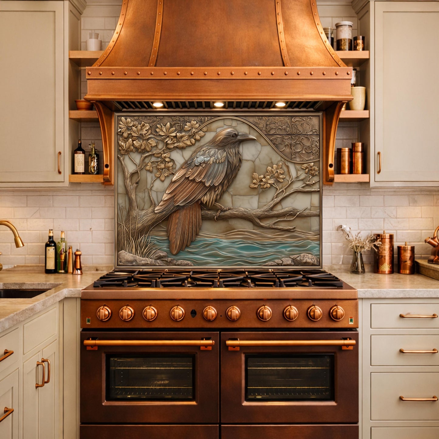 Mythical Raven Tempered Glass Backsplash, Copper Relief Look Wall Panel, Stove Guard
