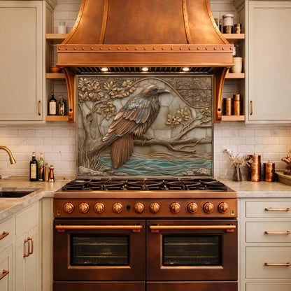 Mythical Raven Tempered Glass Backsplash, Copper Relief Look Wall Panel, Stove Guard