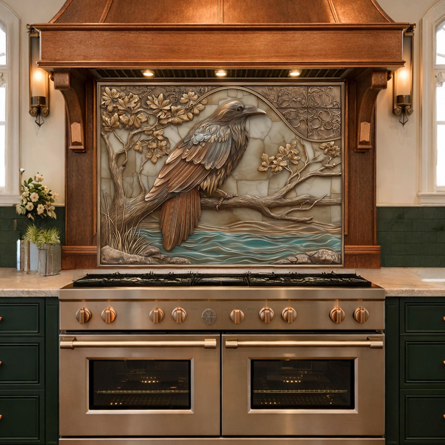 Mythical Raven Tempered Glass Backsplash, Copper Relief Look Wall Panel, Stove Guard