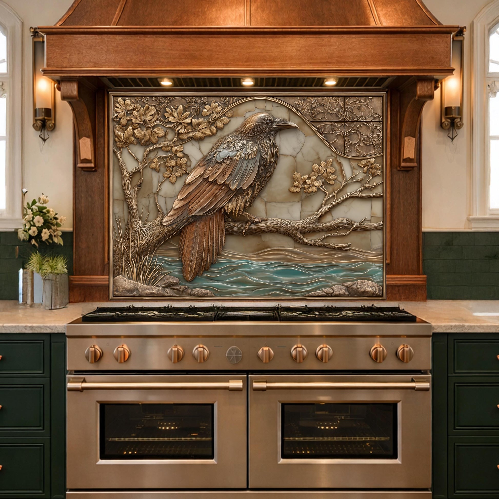 Mythical Raven Tempered Glass Backsplash, Copper Relief Look Wall Panel, Stove Guard
