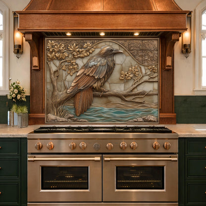 Mythical Raven Tempered Glass Backsplash, Copper Relief Look Wall Panel, Stove Guard