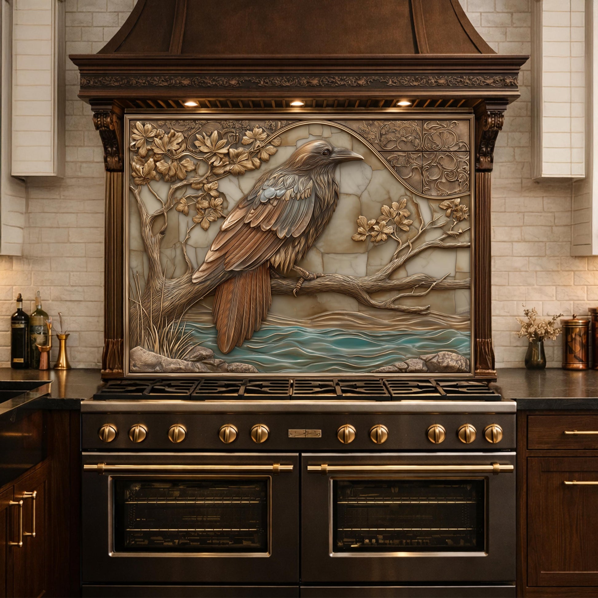 Mythical Raven Tempered Glass Backsplash, Copper Relief Look Wall Panel, Stove Guard