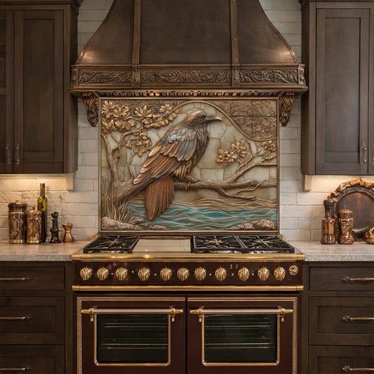Mythical Raven Tempered Glass Backsplash, Copper Relief Look Wall Panel, Stove Guard