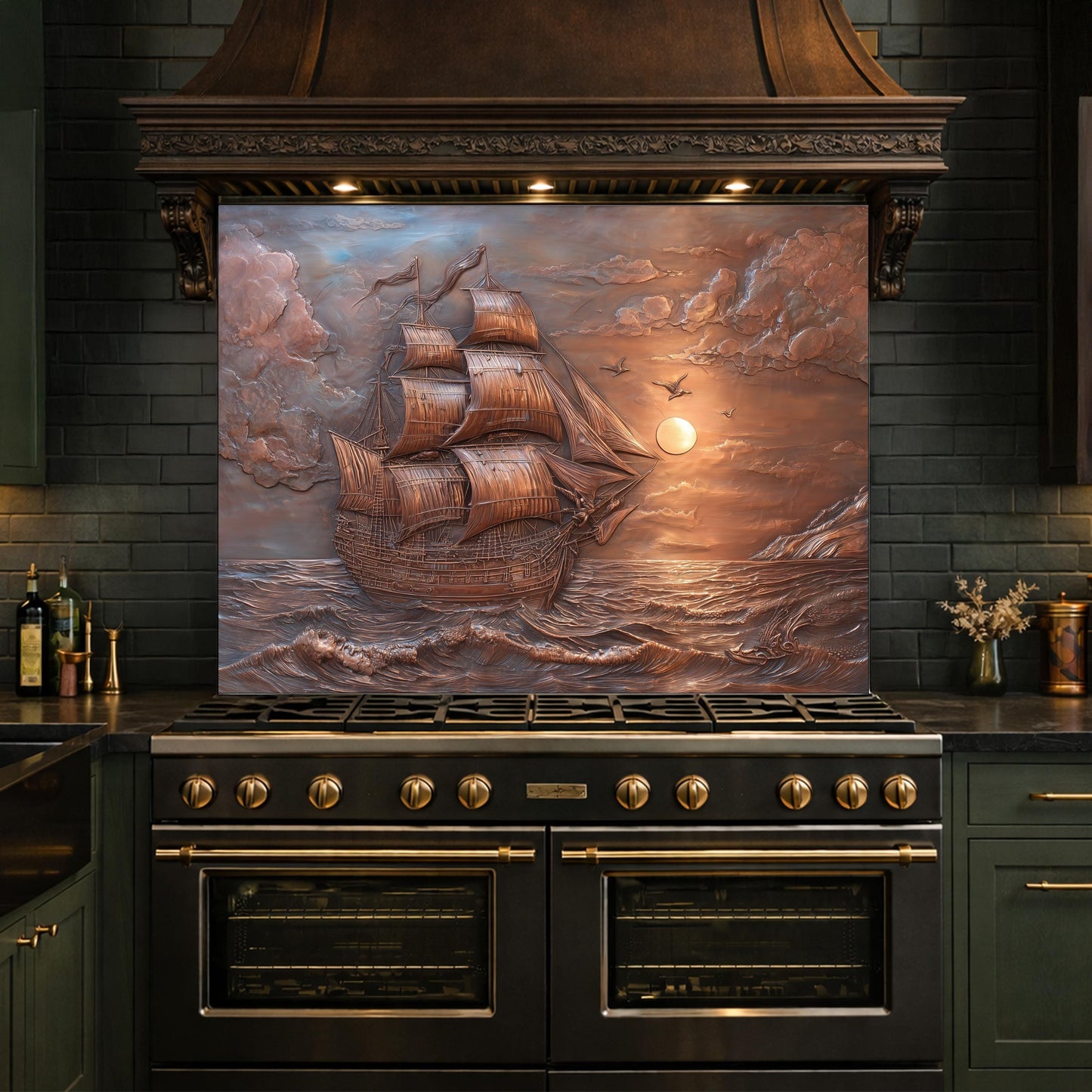 Sailing Ship at Sunset Tempered Glass Backsplash, Copper Relief Look Wall Panel