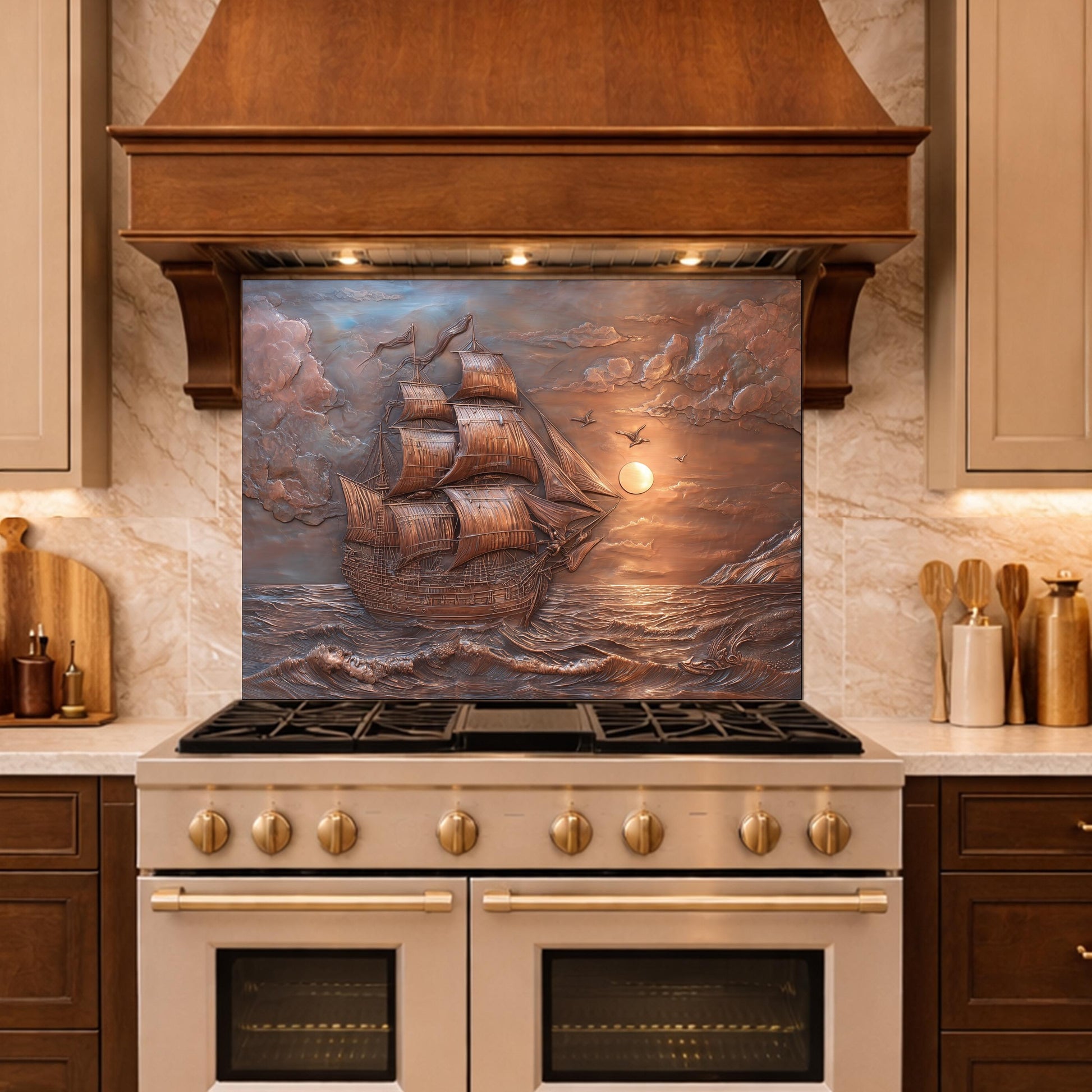 Sailing Ship at Sunset Tempered Glass Backsplash, Copper Relief Look Wall Panel