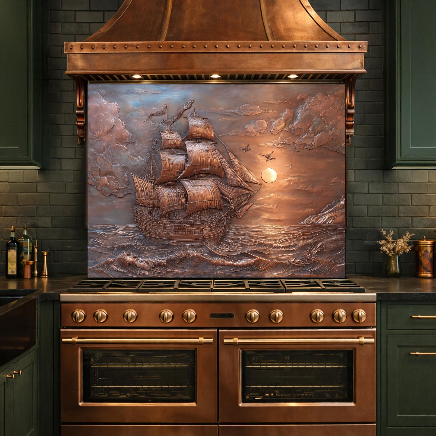 Sailing Ship at Sunset Tempered Glass Backsplash, Copper Relief Look Wall Panel